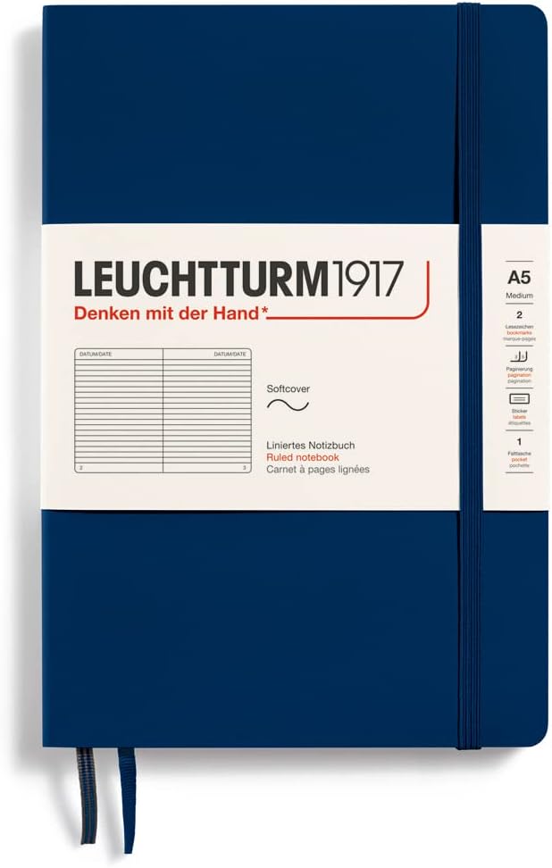 LEUCHTTURM1917 - Notebook Softcover Medium A5-123 Numbered Pages for Writing and Journaling (Ruled, Navy)