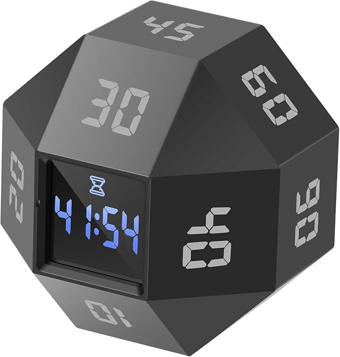 Mini 12-Sided Cube Timer with preset countdowns of 1-3-5-10-15-20-25-30-45-60-90 Minutes, a Rechargeable time Management Efficiency Tool Suitable for ADHD Management, Study and Cooking (Black)