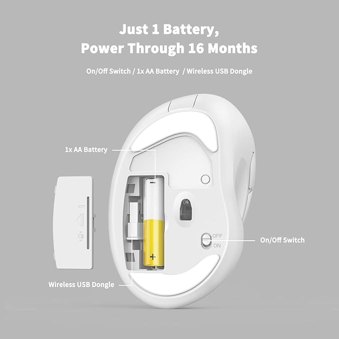 Ergonomic Wireless Mouse 2025 New Updated Smaller with USB-A Receiver for PC Computer, Laptop and Desktop, Ergo Mouse Vertical with Silent Clicks Long Battery Life, Up to 1600 DPI, White