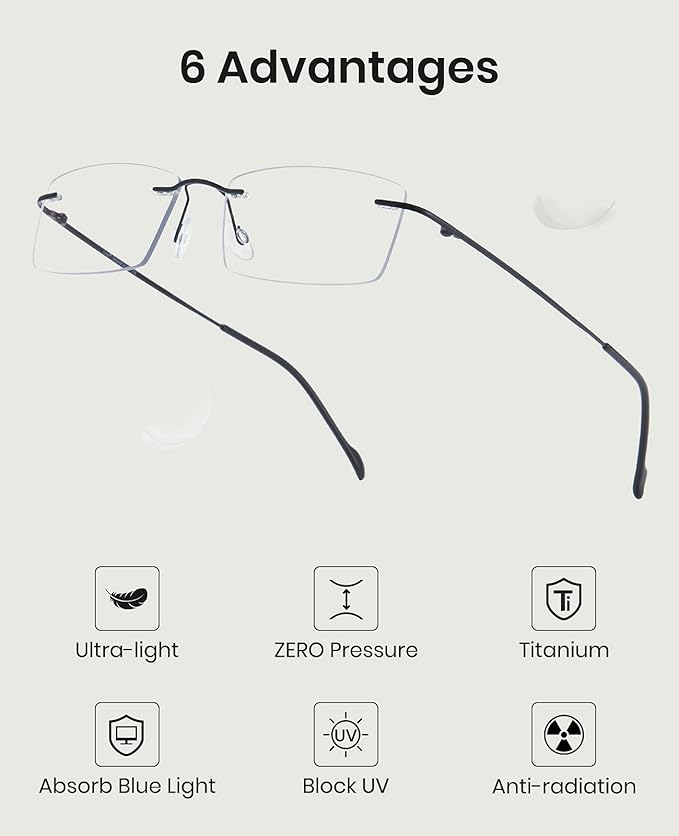 Cyxus Titanium Small Rectangle Blue Light Glasses for Men Blue Light Blocking Eyewear Ultra Light Anti Eye Strain Rimless Eyeglasses Reduce Headache