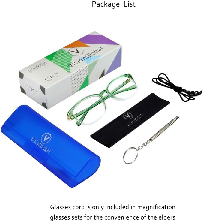 VisionGlobal Blue Light Blocking Glasses for Women, Anti Eyestrain, Computer Reading, TV Glasses, Stylish Square Frame, Anti Glare(Clear Green,+3.00 Magnification)