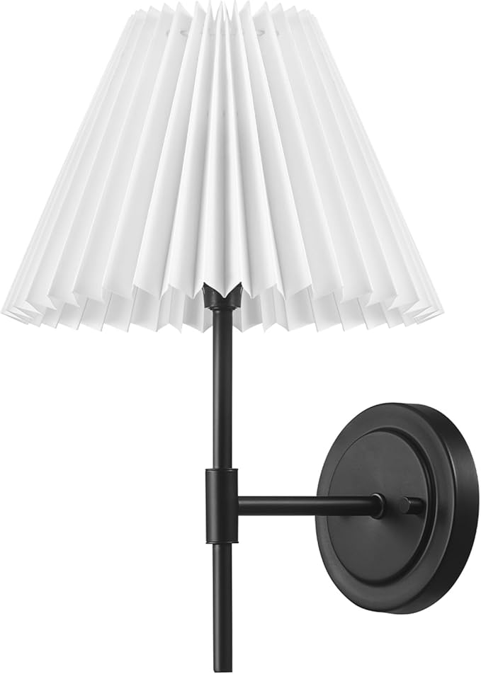 GLOBE 1-Light Wall Sconce, Matte Black, White Pleated Fabric Shade, E12 Base Socket, Candelabra Bulb, Living Room Lighting, Home Essentials, Décor, Bedroom, Mounted Bedside Lamp