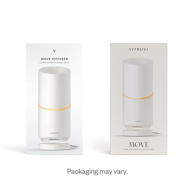 Vitruvi Move Cordless Ultrasonic Essential Oil Diffuser | Wireless Diffuser for Home Aromatherapy | 4 & 8-Hour Run Times - White