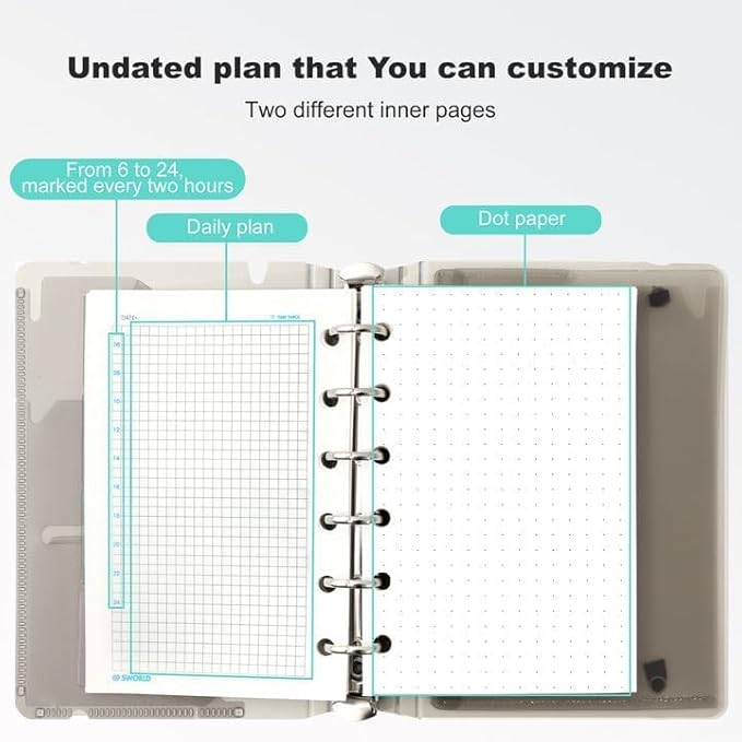 CAGIE A7 Binder 6 Ring Notebook with Dividers Refillable Planner Binder with Pockets, Refill Paper Include Planning Square Ruled and Dotted Pages, 4.13 x 5.71 In, (Blue, A7 Hourly&Dot Page)