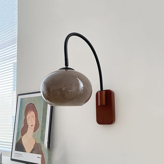 Modern Decoration Wall Sconce Mid Century with White Milk Glass Vintage Industrial Wood Wall Light Hardwired Smoke Grey Amber Farmhouse Reading Wall Lamp for Bedroom Living Room Bedside