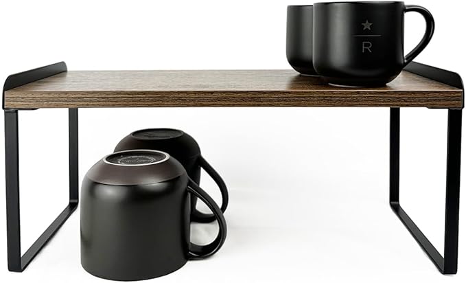 Mitus Shelf Organizer and Storage, Tiered Wood Cabinet Rack for The Kitchen Counter, Bathroom Counter, Pantry Cupboard, Office Desk Bookshelf, 16" Wide Walnut Brown and Black