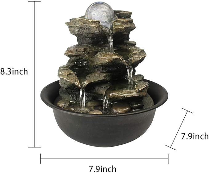 8.3" High 4-Tier Cascading Rock Falls Tabletop Water Fountain with LED Light & Spinning Ball - Indoor Small Waterfall Feature for Office, Home and Bedroom Desktop Decor Dark Grey