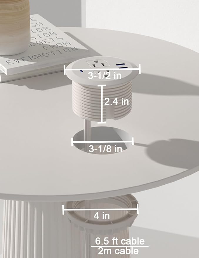 2PCS 3 Inch Desktop Power Grommet,20W USB C Fast Charging Station,3-USB Port,Flush Mount,6.5 ft Power Cord.Round Recessed Power Strip,Desk Hole Grommet Outlet for Workspace,White