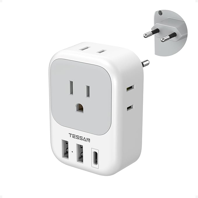 European Travel Plug Adapter USB C, TESSAN International Plug Adapter with 4 AC Outlets 3 USB Charging Ports, Type C Europe Power Adaptor for US to EU France Germany Iceland Spain Italy