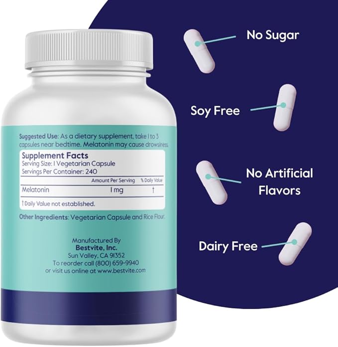 BESTVITE Melatonin 1 mg (240 Vegetarian Capsules) - No Stearates - No Sucralose, No Dextrose, No Silicon Dioxide, No Mannitol - Vegan - Non-GMO - Gluten-Free