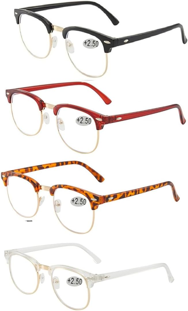 Half frame Retro Semi Rimless Clear Lens Glasses Blue Blocking Eyewear Men Women (4 Pack Reading 2.5 X)