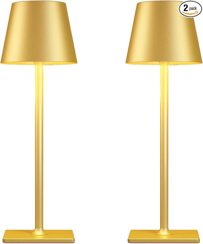 2 Pack Gold Rechargeable Table Lamps,Cordless Lamp with 6000mAh Battery Operated,Wireless Lamp for Restaurant Home Dinner Dining Kitchen Outdoor Patio,Waterproof & Portable