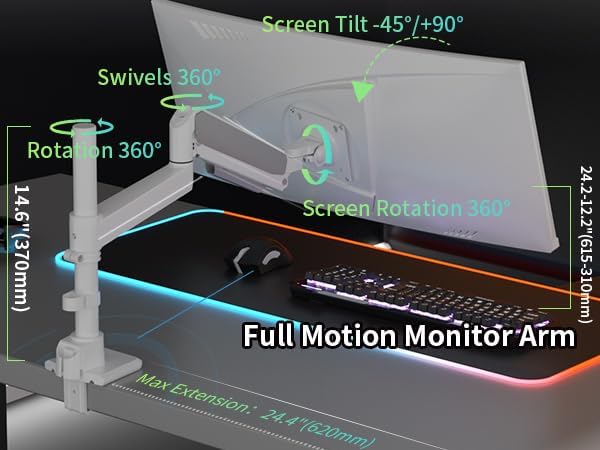 Monitor Arm for 17 to 60 inch, Hold 44 lbs, Fully Adjustable Heavy Duty Desk Mount, Monitor Stand Fit 57 55 49", Ultrawide Monitors Bracket Clamp/Grommet Base VESA 75x75/100x100 (White)