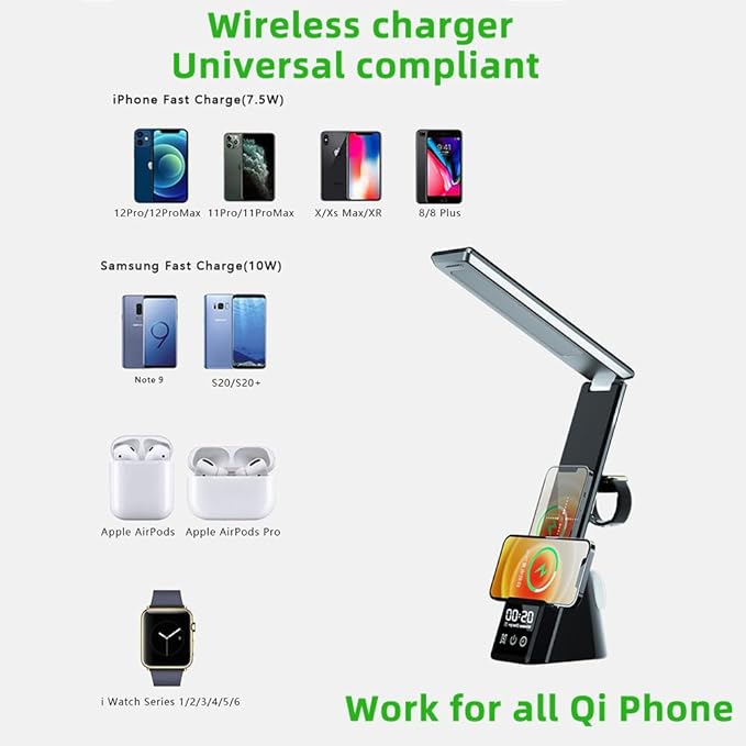 IHAO 6in1 Multifunctional Foldable LED Desk Lamp with Wireless Charger Digital Alarm Clock Eye-Care Lighting 3 Color Modes 15W Qi Charger for Phone/Headphones, Apple Watch Compatible-Black