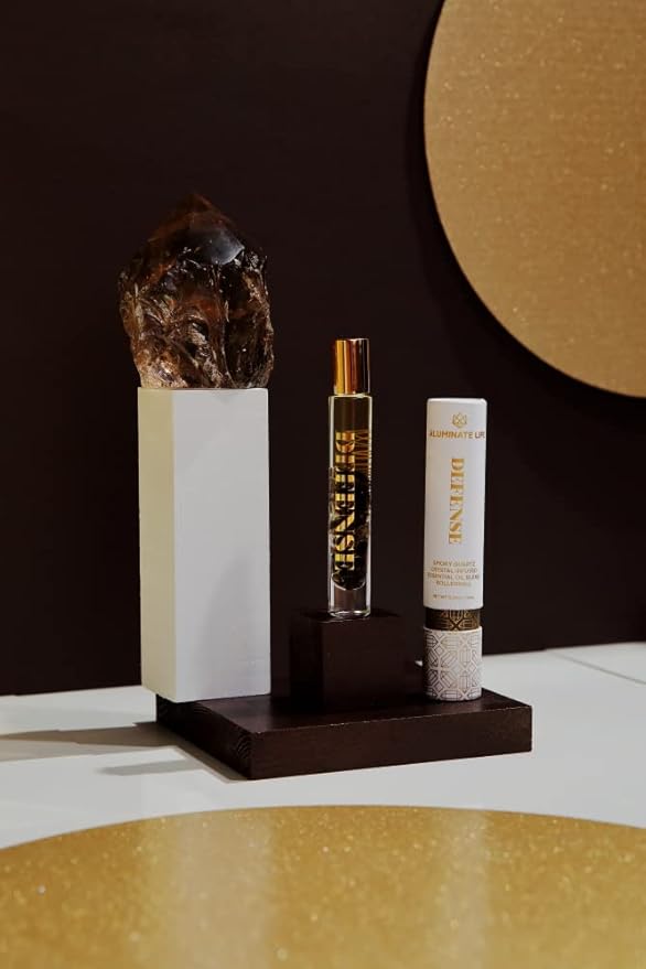 Essential Oil Rollerballs, .34 OZ, Defense - Smoky Quartz Crystal Infused - Scents of Frankincense, Neroli, & Sage - Aromatherapy Roll On Oils, Skin Care, Massage