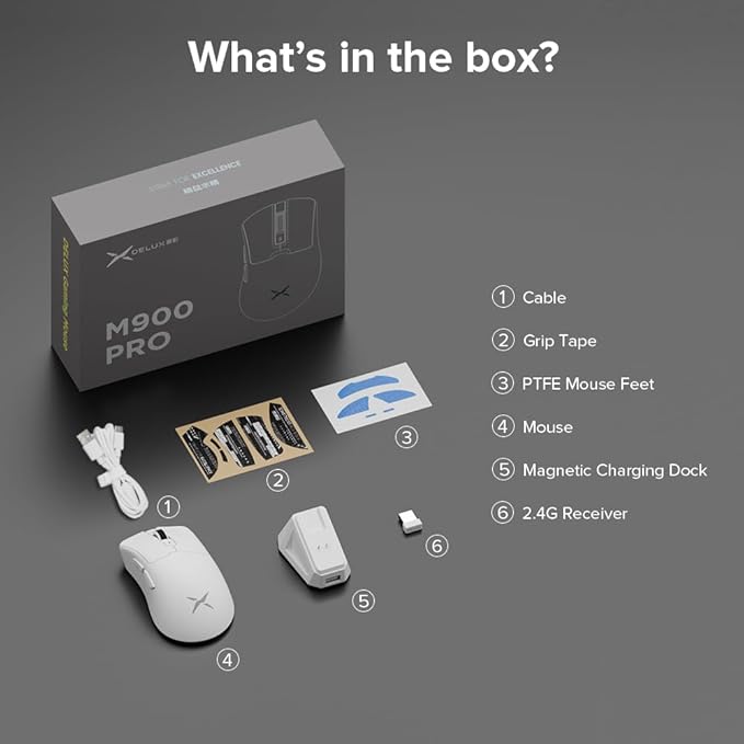 DeLUX M900PRO Wireless Gaming Mouse, 8000Hz Polling Rate, RGB Charging Dock, 63g Ergonomic Design, PAW3395 Sensor with 26000DPI, Programmable Buttons (White)