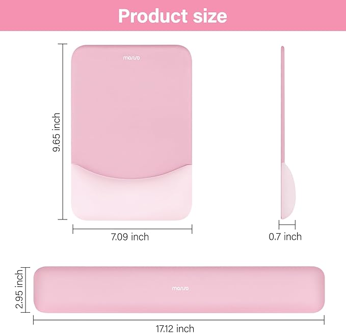 MOSISO Wrist Rest Support for Mouse Pad&Keyboard Set, Rectangular Ergonomic Mousepad Non-Slip Base Home/Office Pain Relief&Easy Typing Pad with Neoprene Cloth&Raised Curved Memory Foam, Pink
