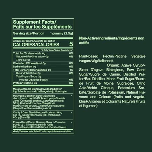 Mojo Focus Gummies with Lion’s Mane, Panax Ginseng, Ginger Root, Cordyceps, SAM-e, and Nootropics, Energy and Focus Supplement, Vegan, Strawberry Tangerine (20 Count - Pack of 3)