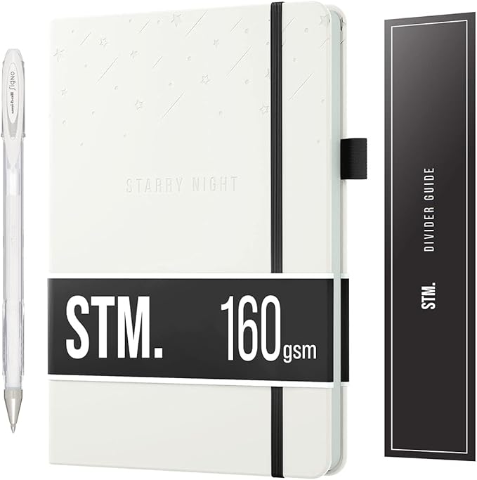 Black Paper Bullet Dotted Journal Notebook | B5 Starry Night by Scribbles That Matter | Free white gel pen | 160gsm Blackout no-bleed dot grid paper | For Men and Women | 7 x 10 in | White