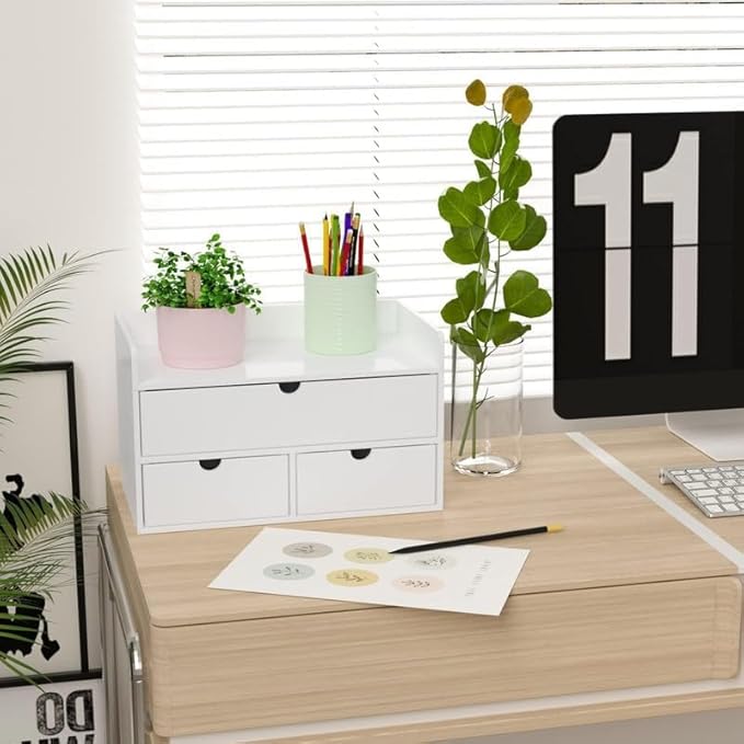 Wisuce Bamboo Desk Organizer - Mini Bamboo Desk Drawer Tabletop Cosmetic Storage Organization for Office or Home White with Shelf