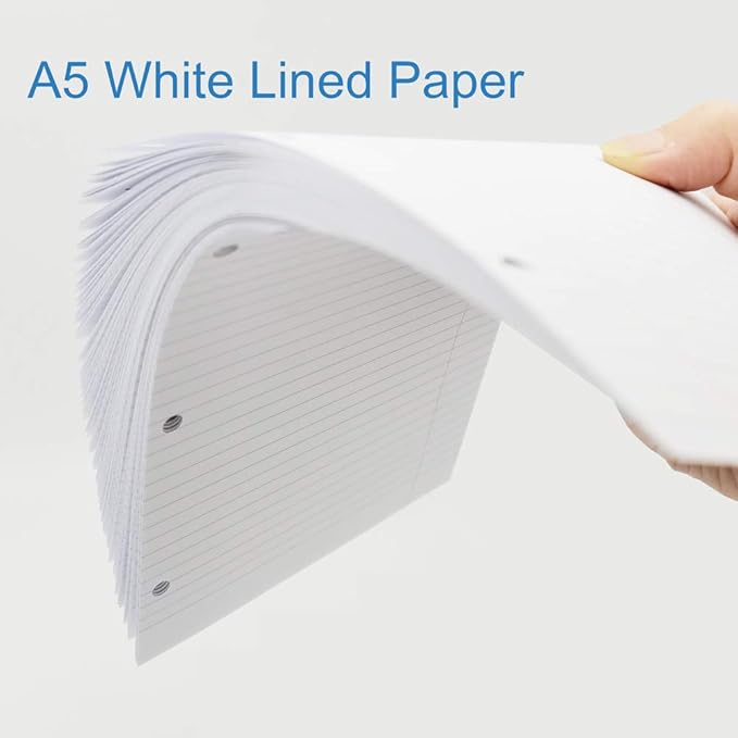 A5 Filler Paper, 3 Hole Planner Refills, Organizer, Loose-leaf Binder Paper, 100 Sheets/200 Pages, Lined, 100gsm, White, 5.8 x 8.2 Inch, 3 Hole Filler Paper, Mini Binder Refill Inserts
