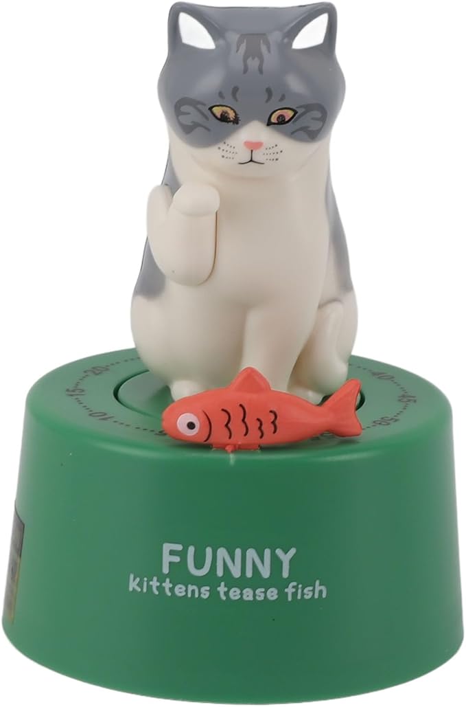 Mechanical Countdown Timer, 60 Minutes Mechanical Kitchen Timer Eco Friendly Loud Alarm Magnetic Base Cute Animal Shape for Kitchen (Kitten with Green Base)
