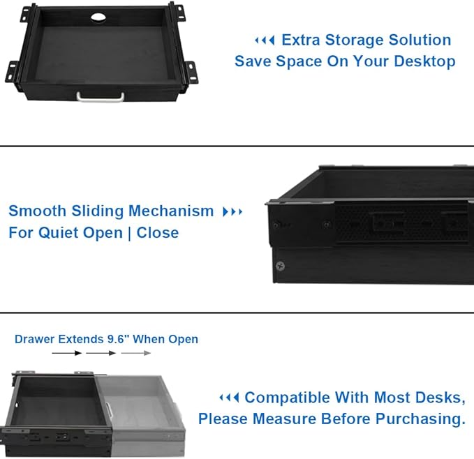 Upgrade Wood Under Desk Mounted Sliding Pull-out Drawer, Ball-Bearing Slides Under Desk Drawer Storage Organizer, Hanging Drawers for Desk, Hidden Desktop Organizer for Office Desks, Tables - Black