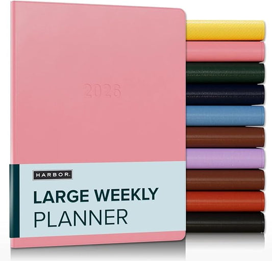 Harbor Large Weekly Monthly Planner 2025-2026 - Calendar Planner and Notebook, Durable Faux Leather, 192 Pages, Softcover & Book Bound - Cambridge Flamingo - 9.75 x 7.5 "