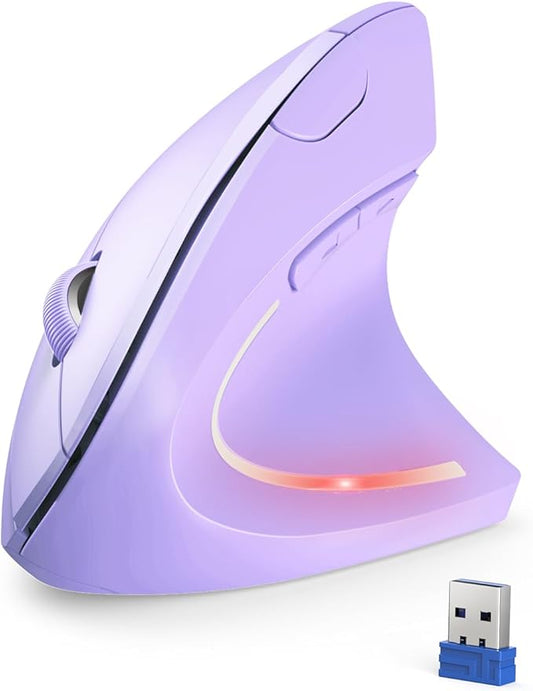 TECKNET Ergonomic Mouse, 4800 DPI Wireless Vertical Mouse with 5 Adjustable DPI Levels, 2.4GHz Optical Carpal Tunnel Mouse, 6 Buttons Wireless Mouse for Laptop, Desktop, PC, MacBook - Light Purple