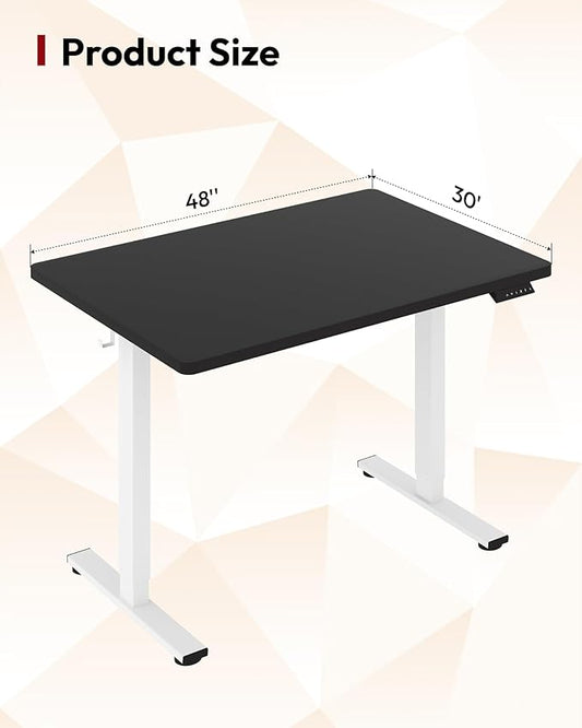 SANODESK Electric Standing Desk 48 x 30 Inches Whole-Piece Desktop Height Adjustable Stand Up Desk w/6-Button Controller Ergonomic Computer Desk for Home Office, White Frame + Black Tabletop