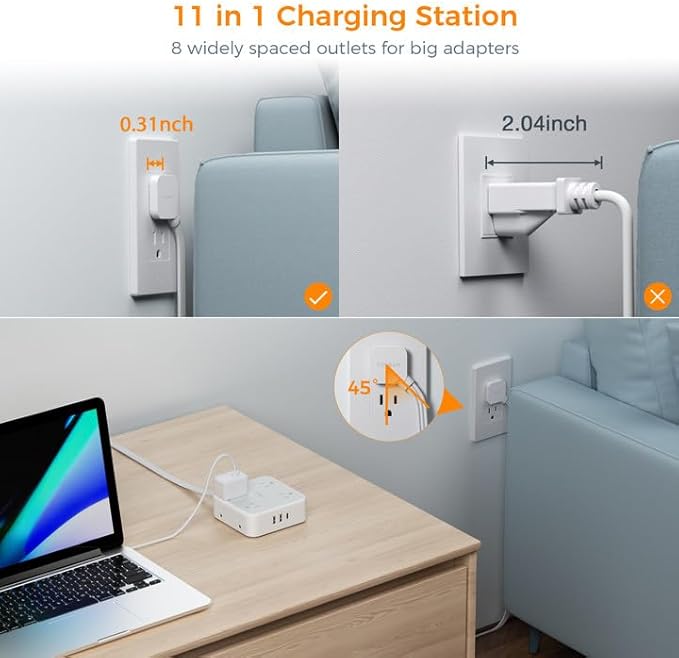 Flat Plug 20 FT Long Extension Cord, TESSAN Ultra Thin Power Strip Surge Protector with 8 AC Outlets, 900J, 3 USB Charger(1 USB C), Multi Port Charging Station for Home, Office, Dorm Room Essentials