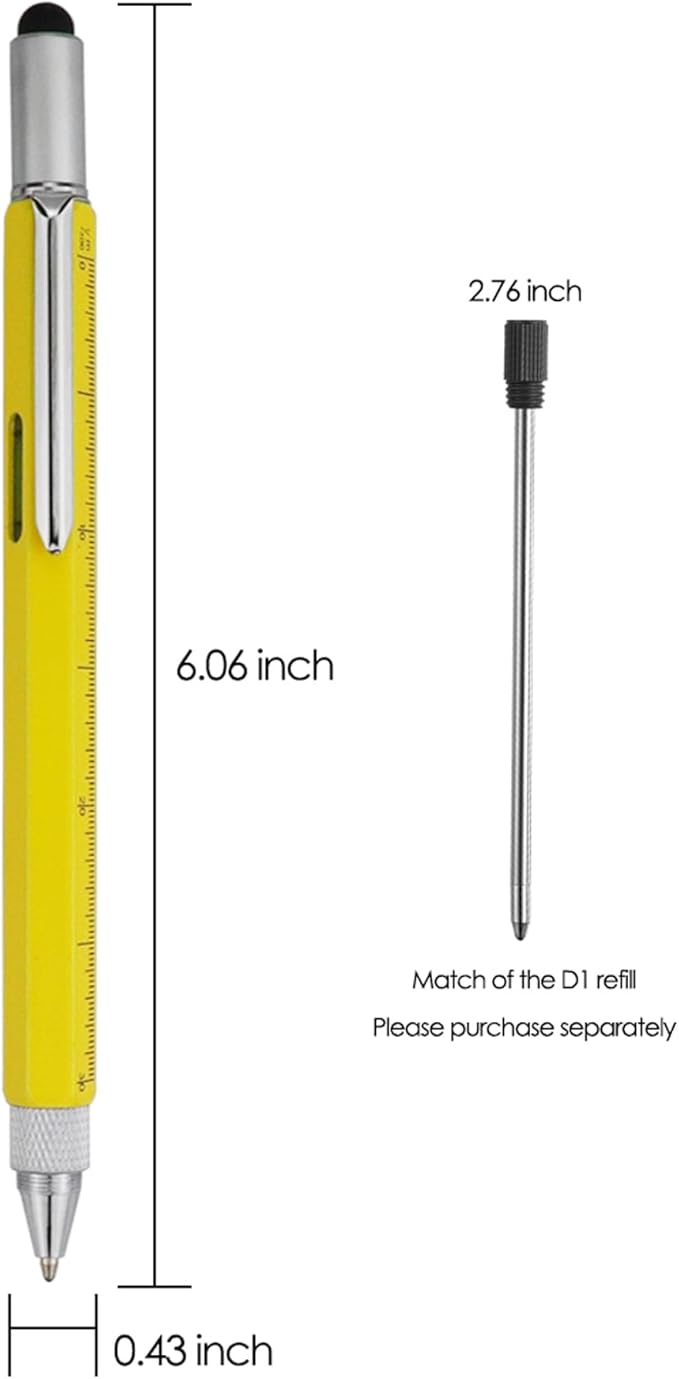 HeTaoCat Gifts Multi Tech Tool 6 in 1 Stylus Pen - Screwdriver With Ruler, Levelgauge, Ballpoint Black Ink (Yellow)