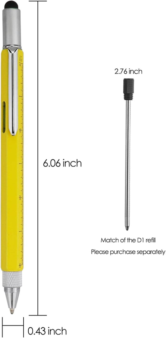 HeTaoCat Gifts Multi Tech Tool 6 in 1 Stylus Pen - Screwdriver With Ruler, Levelgauge, Ballpoint Black Ink (Yellow)