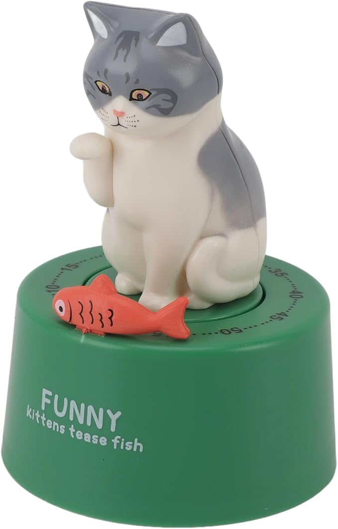 Mechanical Countdown Timer, 60 Minutes Mechanical Kitchen Timer Eco Friendly Loud Alarm Magnetic Base Cute Animal Shape for Kitchen (Kitten with Green Base)