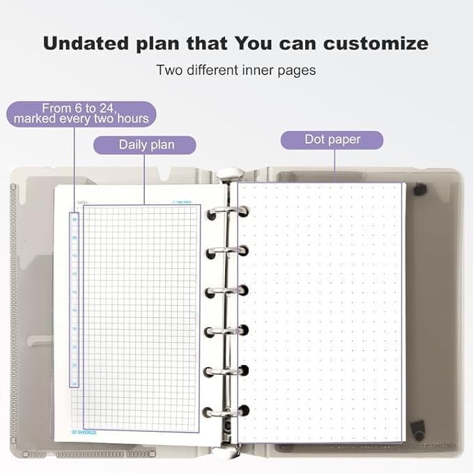 CAGIE A7 Binder 6 Ring Notebook with Dividers Refillable Planner Binder with Pockets, Refill Paper Include Planning Square Ruled and Dotted Pages, 4.13 x 5.71 In, (Light Purple, A7 Hourly&Dot Page)