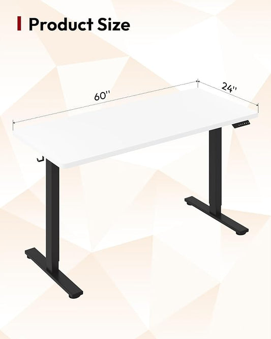 SANODESK Electric Standing Desk 60 x 24 Inches Whole-Piece Desktop Height Adjustable Stand Up Desk w/6-Button Controller Ergonomic Computer Desk for Home Office, Black Frame + White Tabletop