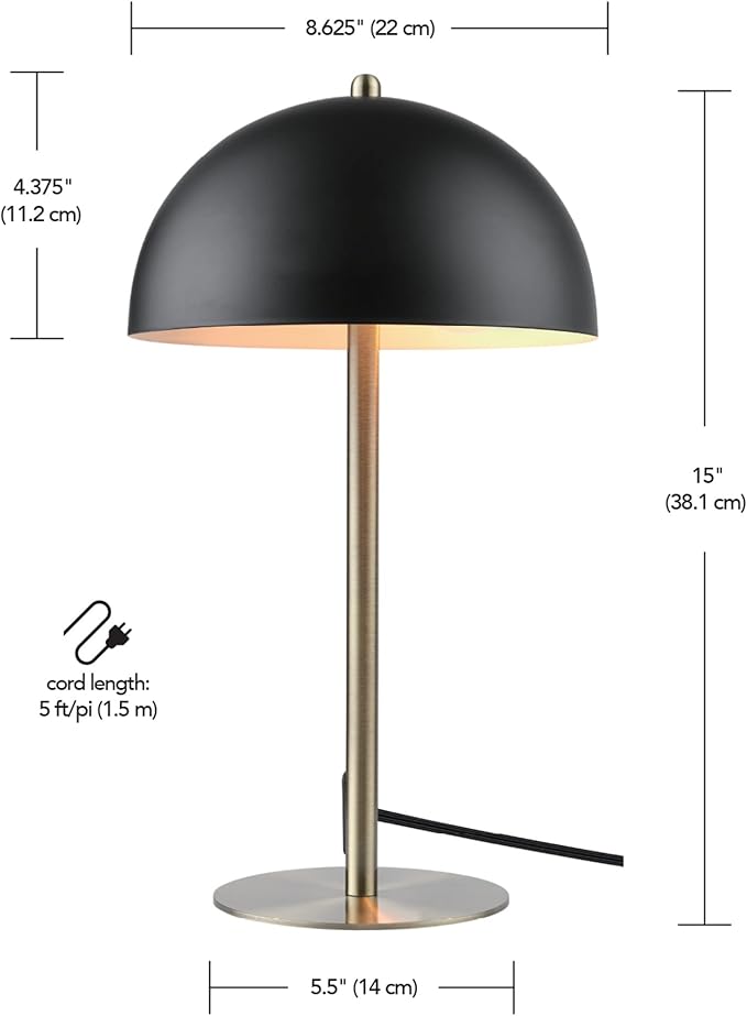 GLOBE Electric 52938 15" Desk Lamp, Matte Black Shade, Brass Accents, in-Line On/Off Rocker Switch, Modern Lighting for Bedroom, Office, Home Decor, E26 Base, Bulb Not Included, Timeless Lights