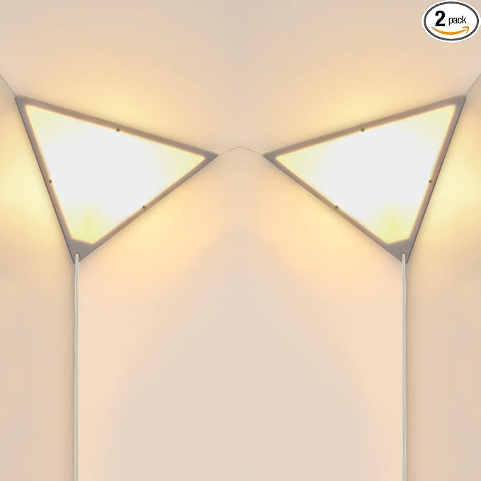 Corner Lights for Living Room, 2 Pack Corner Light with Switch, Plug in Ceiling Light with Acrylic White Shade, Modern Triangle Lights for Wall, Corner Lights for Bedroom, Office, Apartments