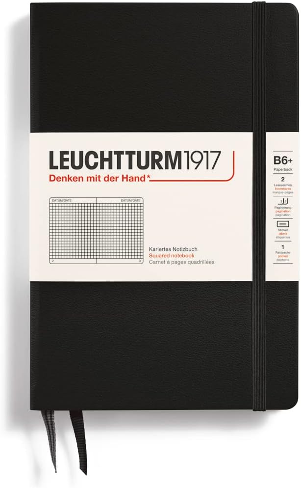 LEUCHTTURM1917 - Notebook Hardcover Paperback B6+ - 219 Numbered Pages for Writing and Journaling (Black, Squared)