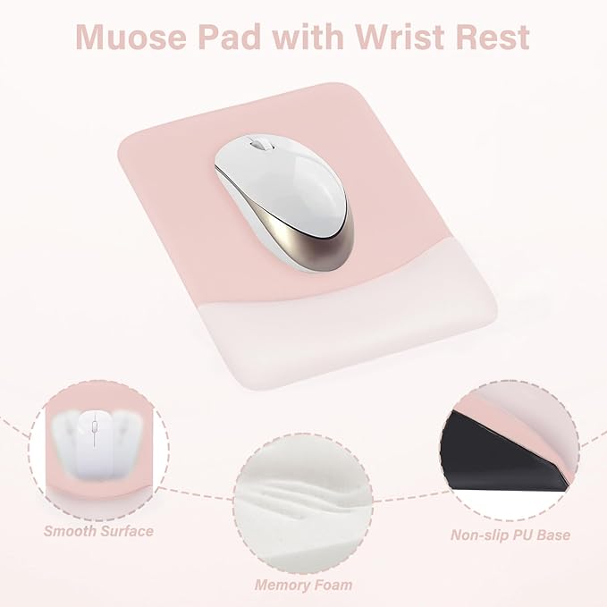 MOSISO Wrist Rest Support for Mouse Pad&Keyboard Set, Rectangular Ergonomic Mousepad Non-Slip Base Home/Office Pain Relief&Easy Typing Pad with Neoprene Cloth&Raised Curved Memory Foam, Baby Pink