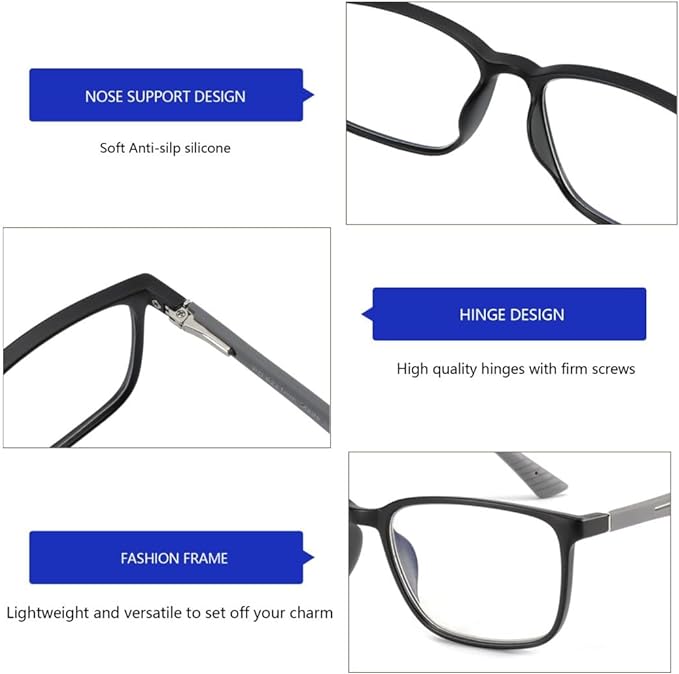 BLUEMOKY Blue Light Reading Glasses for Men，Sport Square Frame Readers, Anti Glare Computer Glasses