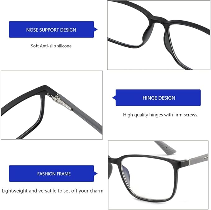 BLUEMOKY Blue Light Reading Glasses for Men，Sport Square Frame Readers, Anti Glare Computer Glasses