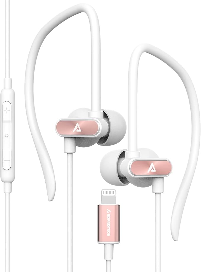 Lightning Earbuds with Ear-Hook Sports Earphones for iPhone 14/13/12/11 Pro Max/X/XS Max/XR - MFi Certified with Mic - Rose Gold