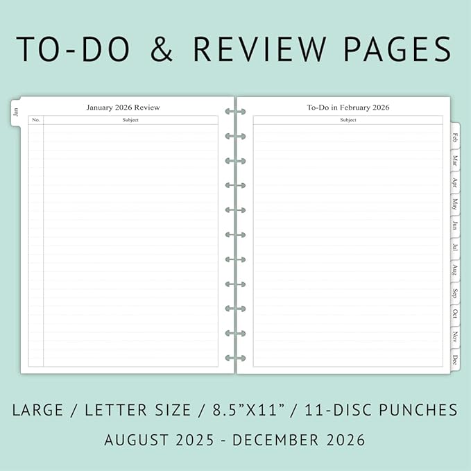 newestor 2025-2026 Monthly Planner Refill for 11-Discbound Notebooks, Aug 2025 to Dec 2026, Two Pages Per Month, Letter Size, 8-1/2" x 11"