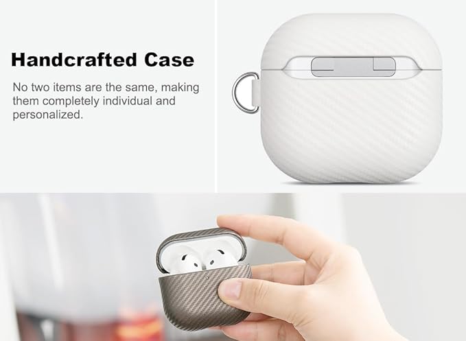 Leather Case for AirPods 4 / AirPods 4 with Active Noise Cancellation Case Cover with Keychain - Selected Skin-Friendly Leather, Carbon Fibre Texture, Handmade Shockproof Hard Cover - White