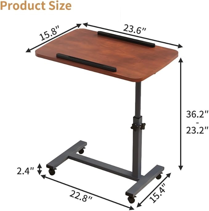 Laptop Table Mobile Adjustable Height Portable Desk Notebook Swivel PC Computer Rolling Desk with Wheels, Laptop Stand for Couch Bedside Hospital Bed Table (Dark Walnut)