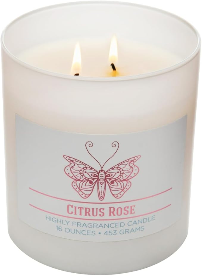 Carolina Citrus Rose Scented Candle, 16 oz Wellness Relaxing Aromatherapy Candle, 2 Wick White Jar Soy Blend Wax, Candles for Home, 60H Burn - Made in The USA
