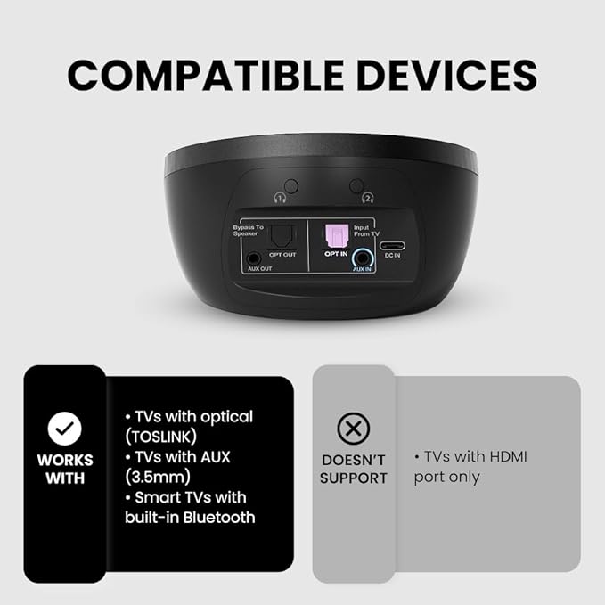 Avantree Medley Clear - Wireless Earbuds for TV Listening & Watching with Transmitter & Charging Dock, Clear Dialogue, Enhanced Volume, Soundbar Passthrough, 20H Bluetooth Neckband Headphones