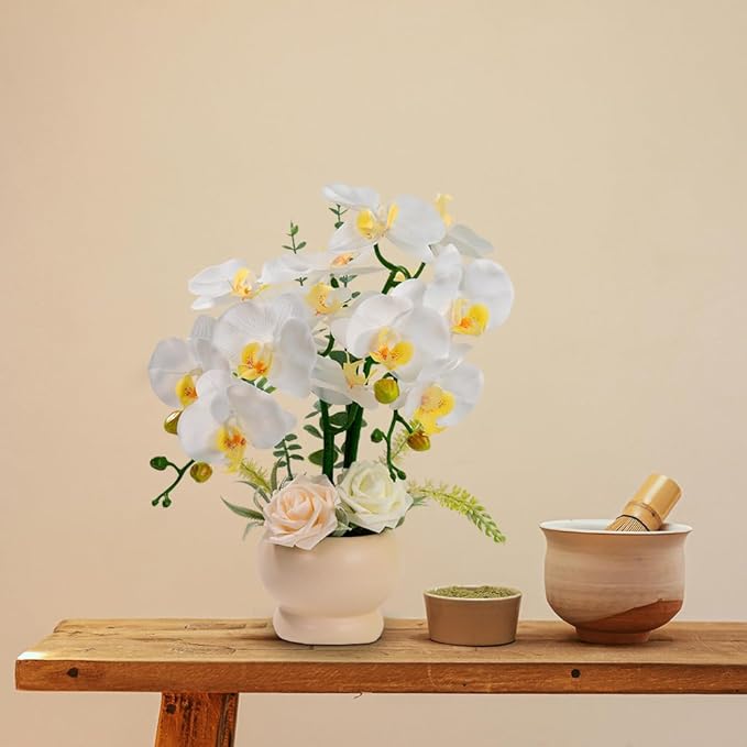 LESING Artificial Orchid Flower with Vase, White Orchid Bonsai Faux Orchid Phalaenopsis Plant Pot Arrangements for Home Decoration (White,Beige Vase)
