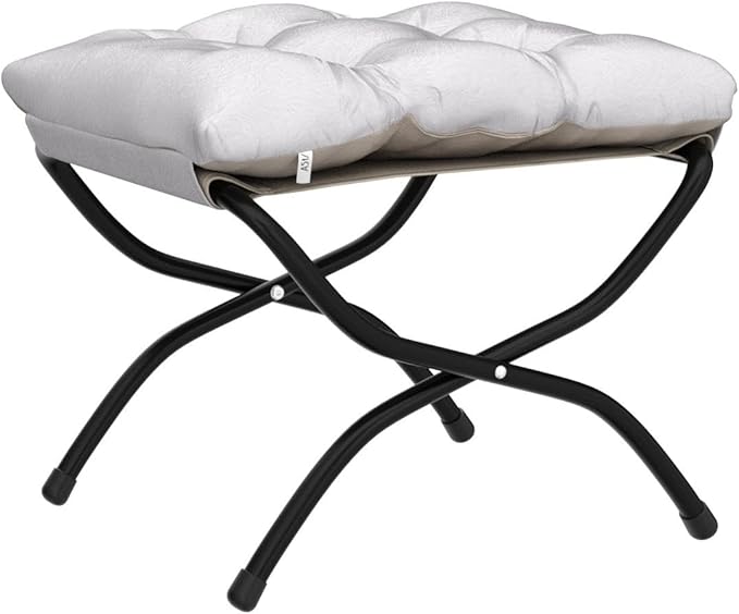 15" Foldable Foot Stool Ottoman with Metal Frame - Washable Light Grey Upholstered Indoor/Outdoor Footrest for Living Room, Bedroom, Patio - Space-Saving Compact Design